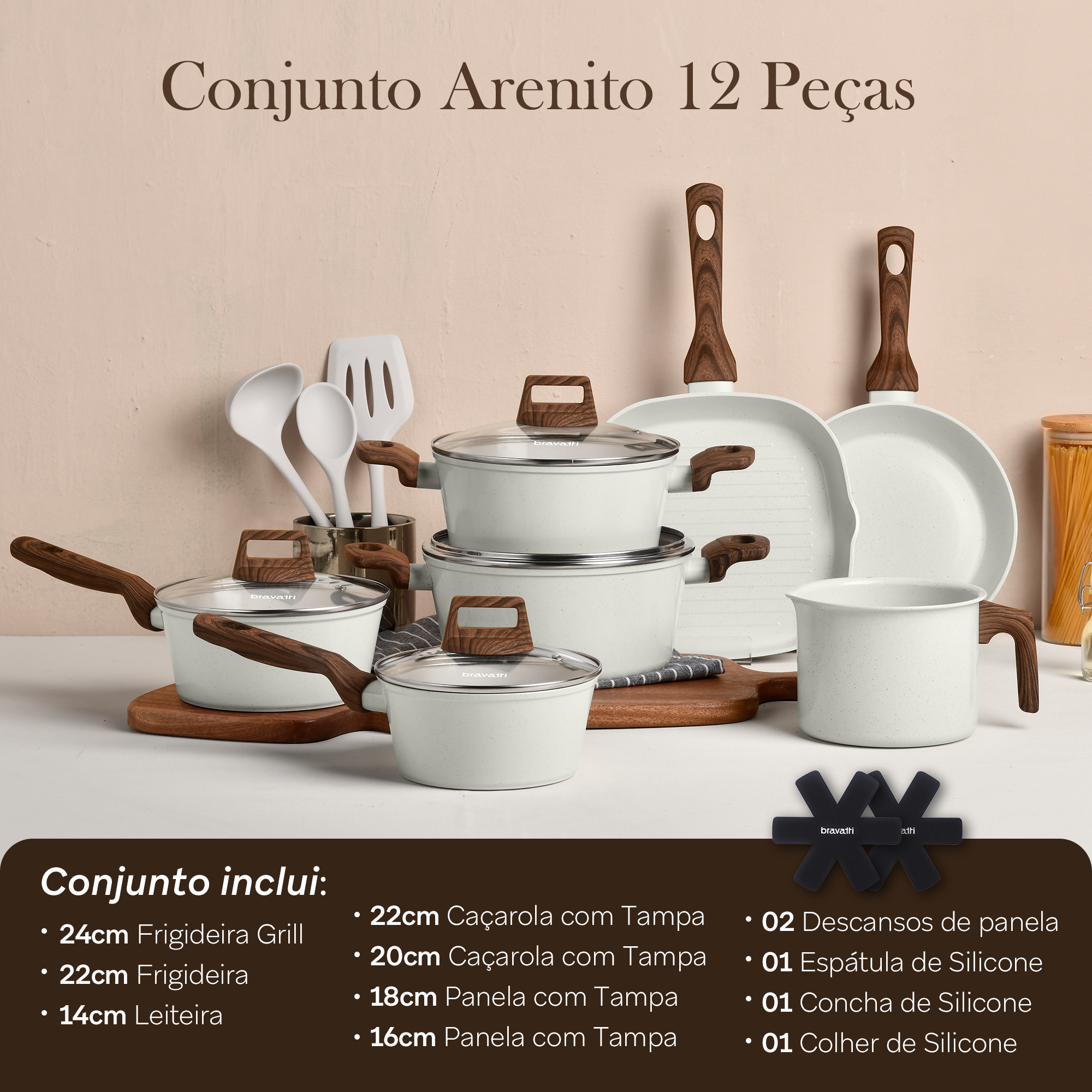Jogo de Panelas 12 Peças Bravia Cookware Arenito Bravatti