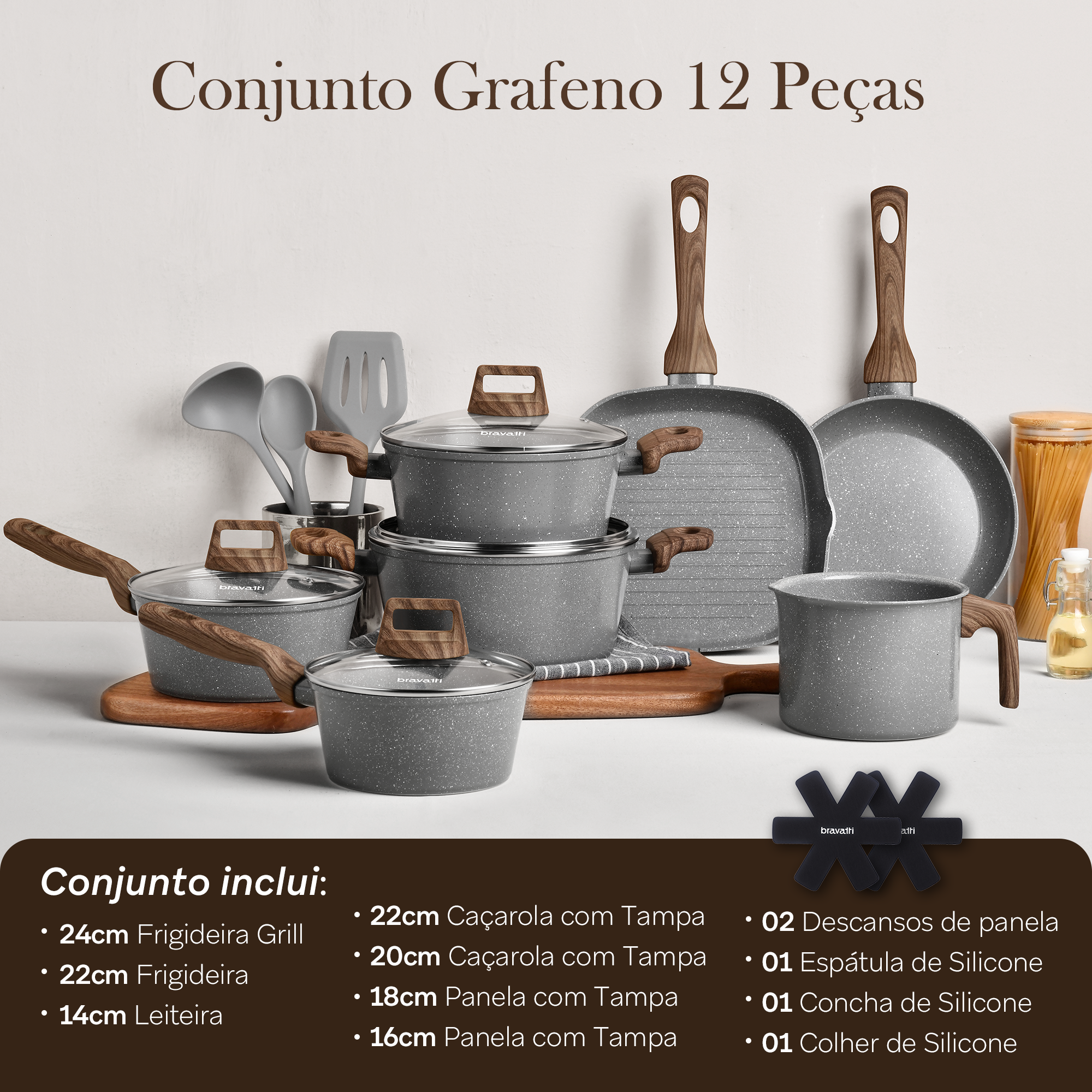Jogo de Panelas 12 Peças Bravia Cookware Grafeno Bravatti
