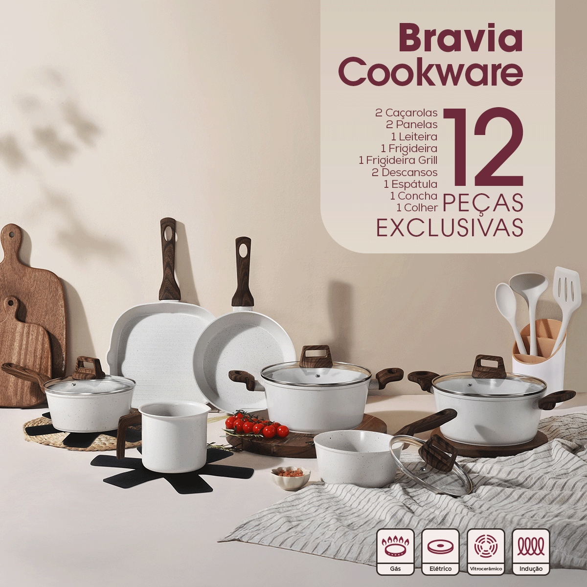 Jogo de Panelas 12 Peças Bravia Cookware Arenito Bravatti