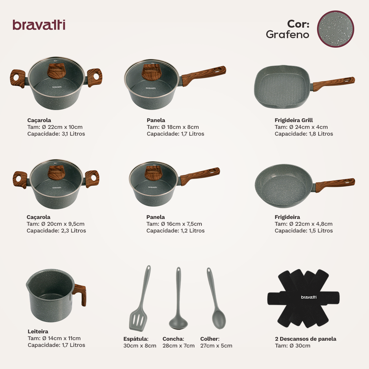Jogo de Panelas 12 Peças Bravia Cookware Grafeno Bravatti