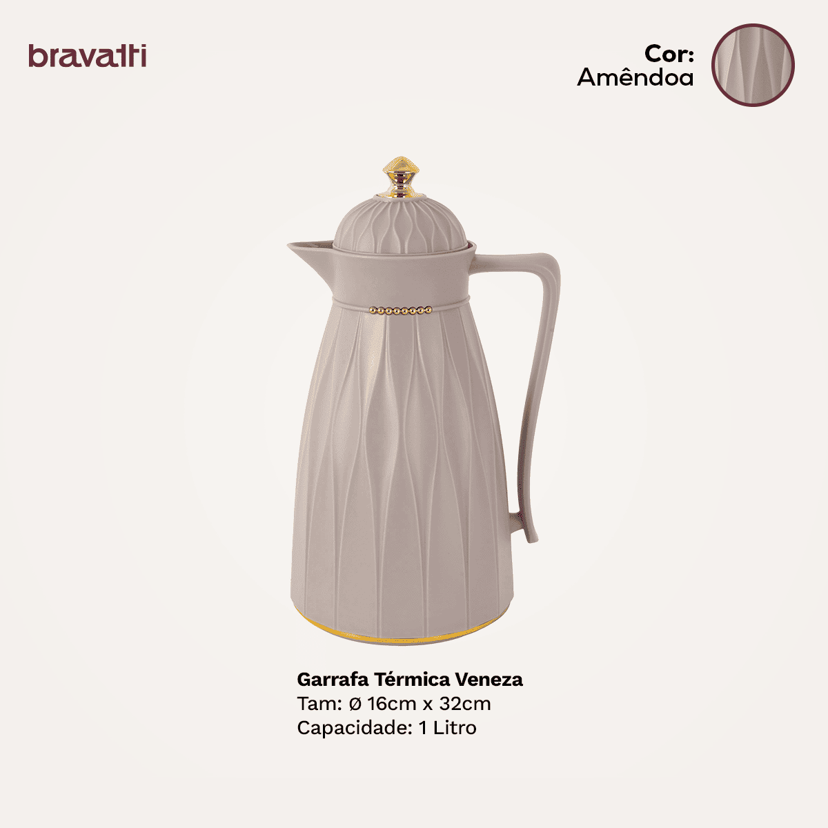 Garrafa Térmica Veneza 1L - Amêndoa Bravatti