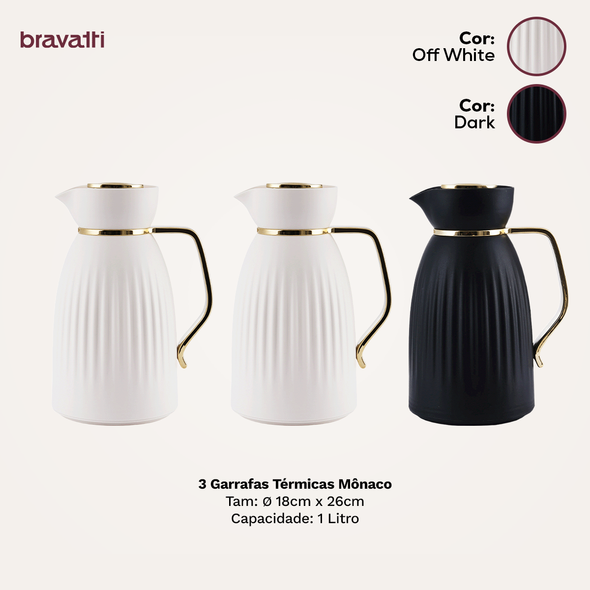 Kit 3 Garrafa Térmica Café Chá 1Litro Quente Frio Abre Fecha Bravatti
